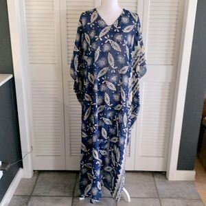 Mary McFadden Vintage Kaftan Dress Women’s Navy Blue Taupe Print Maxi Beach OSFM